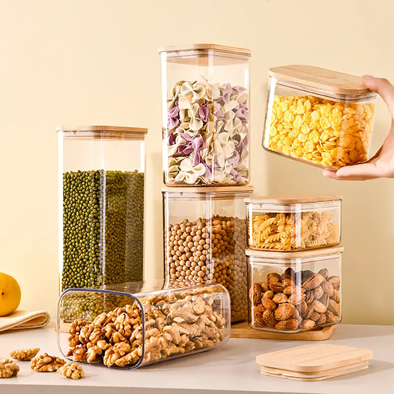 وعاء تخزين بلاستيكي بغطاء خشبي